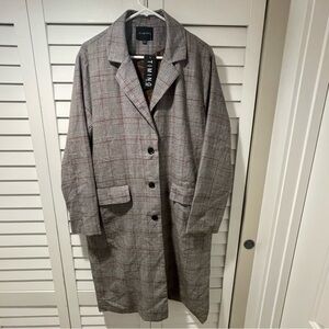Timing Houndstooth Plaid Longline Coat Jacket Brown Tan Red Check L NWT